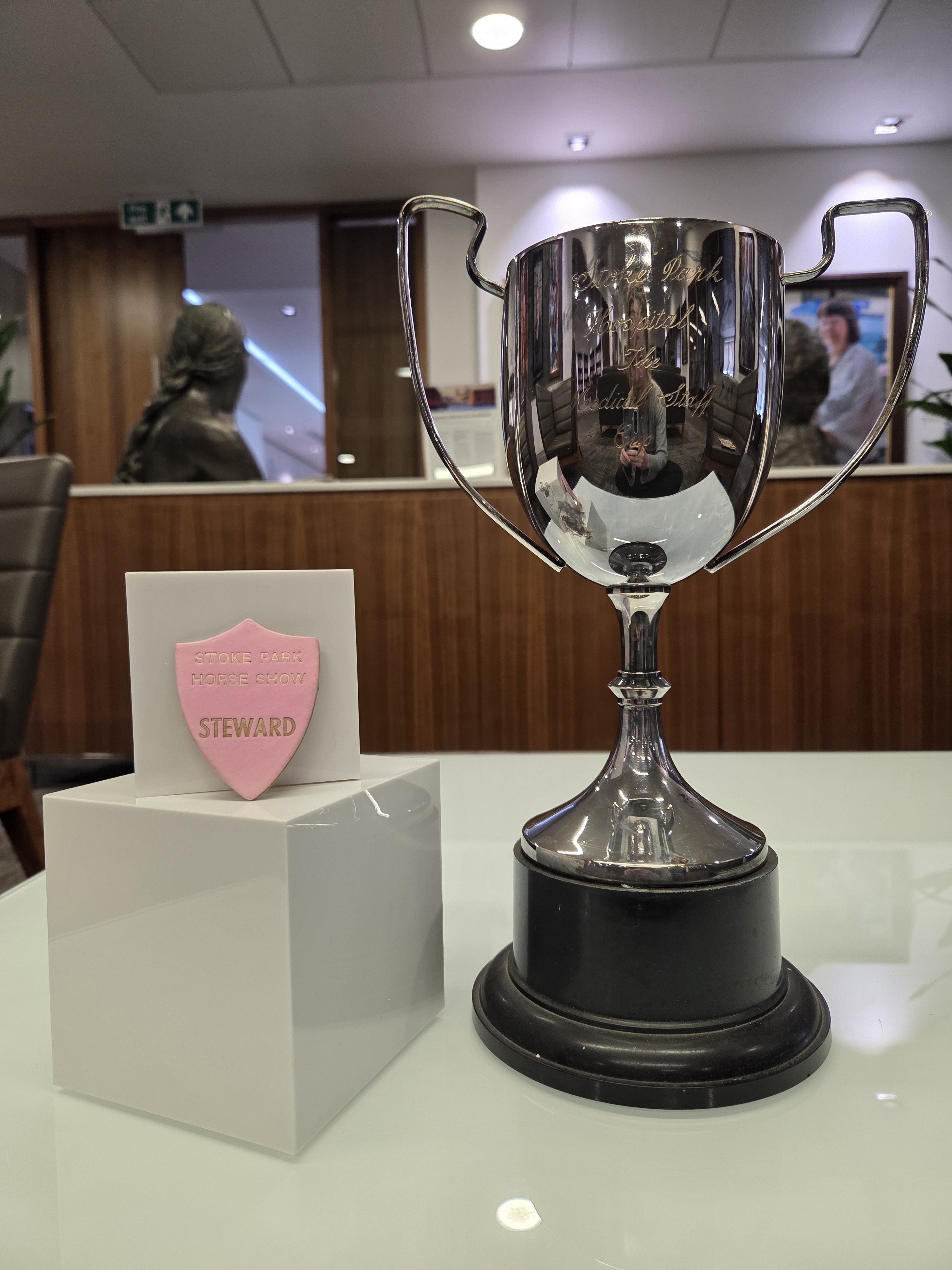 Colour photo of a silver trophy cup and a pink steward badge.