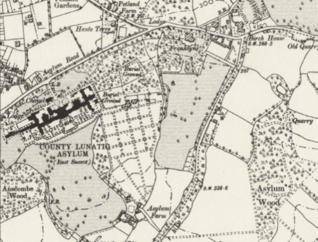 Map showing East Sussex County Lunatic Asylum Sussex from 1899