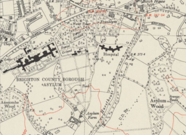 Map showing East Sussex County Lunatic Asylum Sussex from 1949