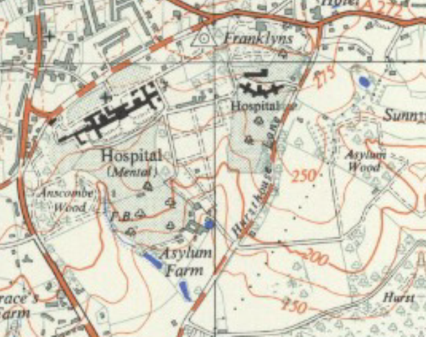 Map showing East Sussex County Lunatic Asylum Sussex from 1959