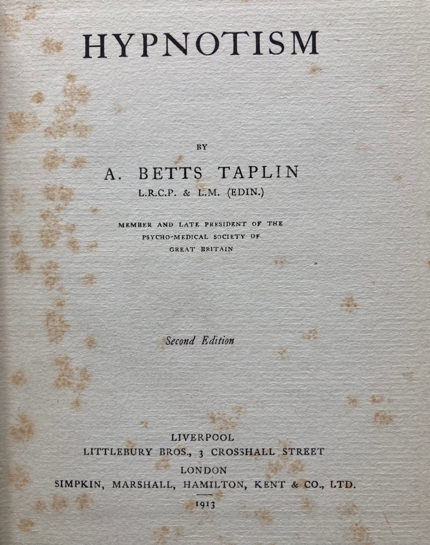 Title page of book: hypnotism by A. Betts Taplin.