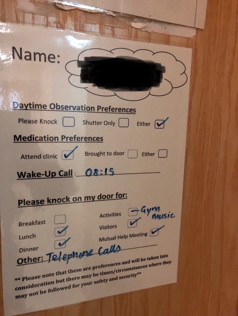 Laminated poster from ward showing patient preferences