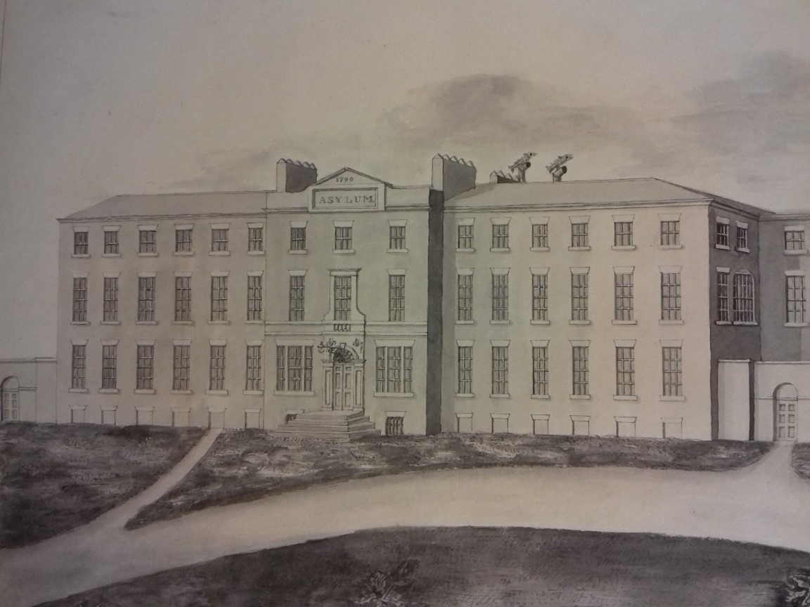 greyscale drawing of a four storey building with asylum written on the front