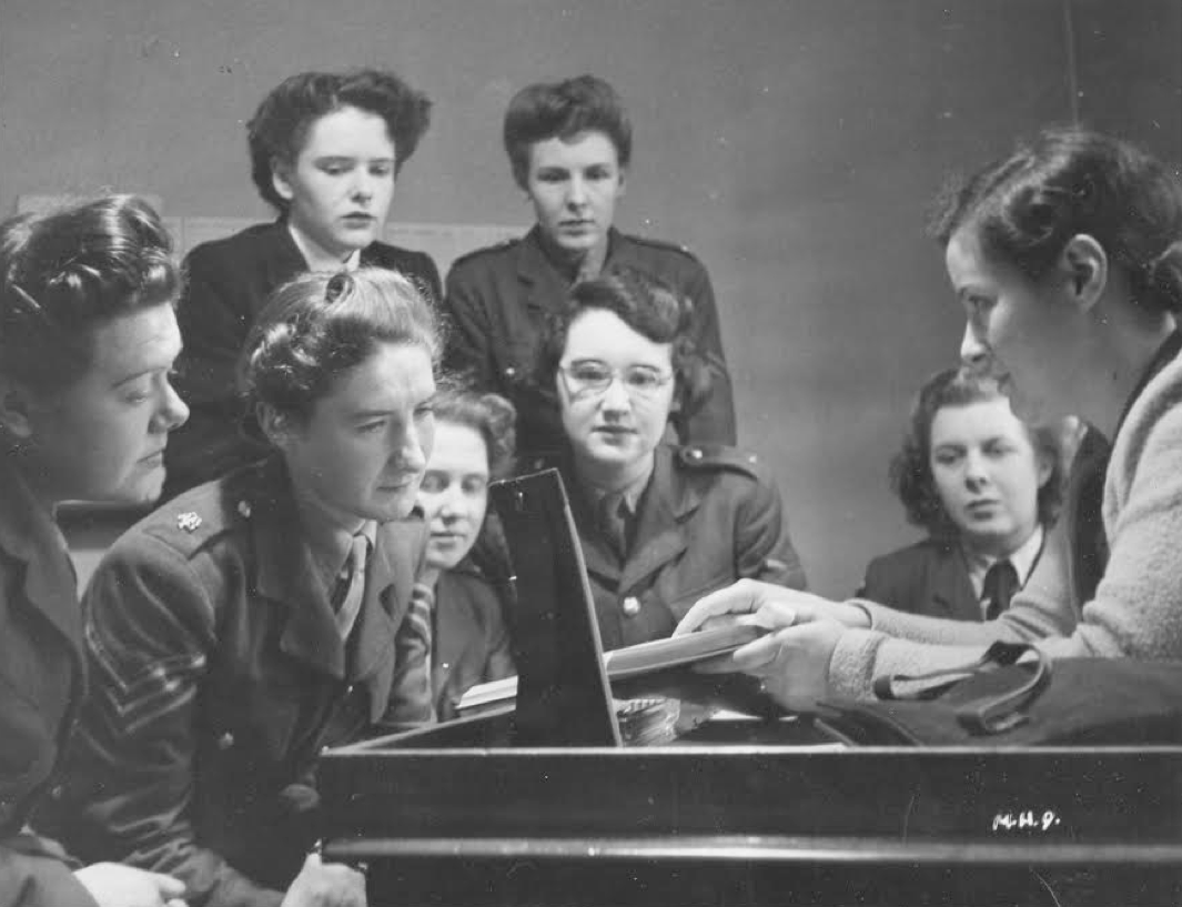 Black and white photograph of Dr Elizabeth Zetzel and others serving in the Royal Army Medical Corps. during the second World War