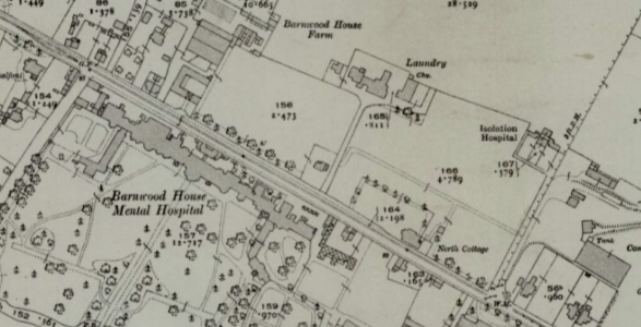 Old map sowing large Barnwood Asylum in surrounding parkland