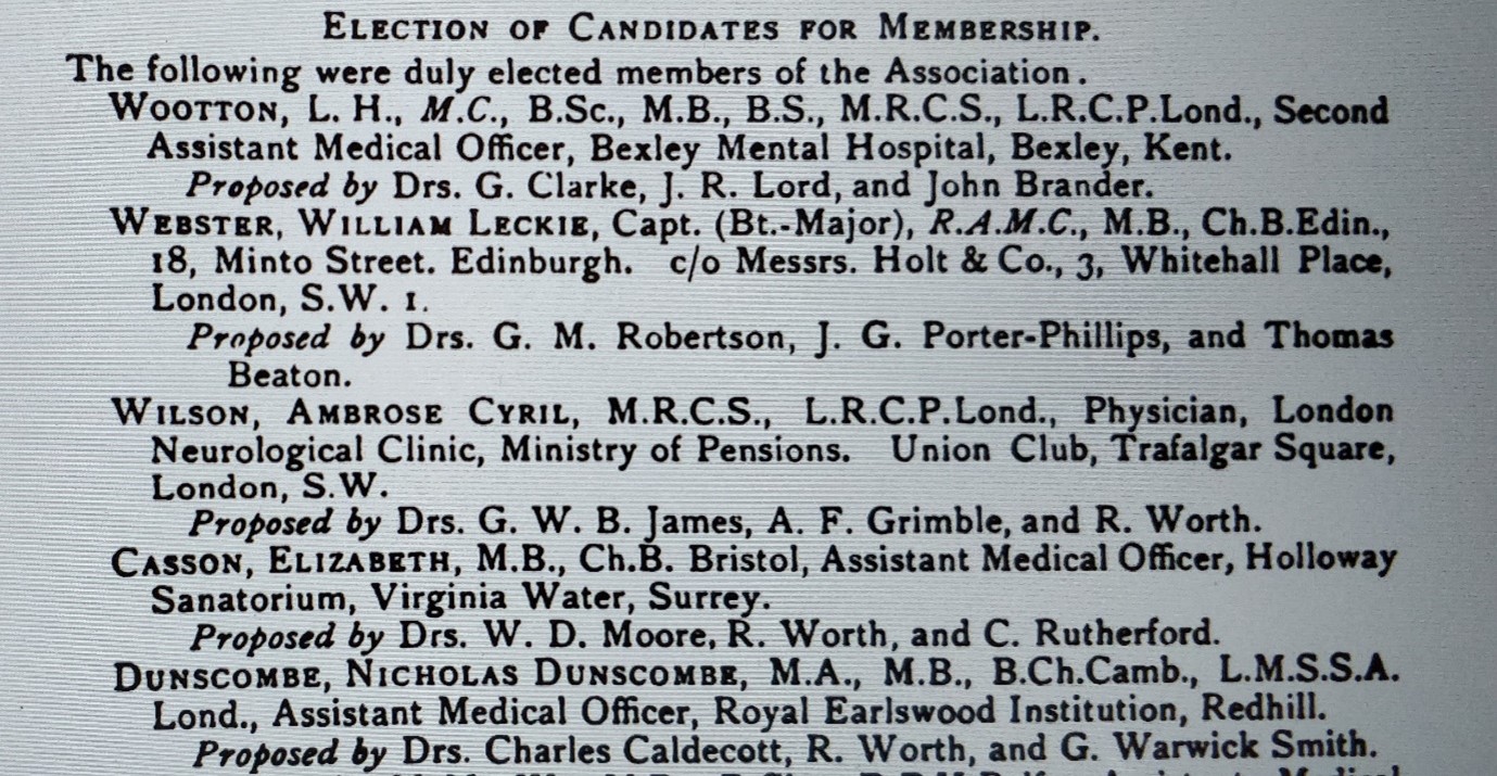 Black and white list of elected candidates for membership, including Elizabeth Casson.