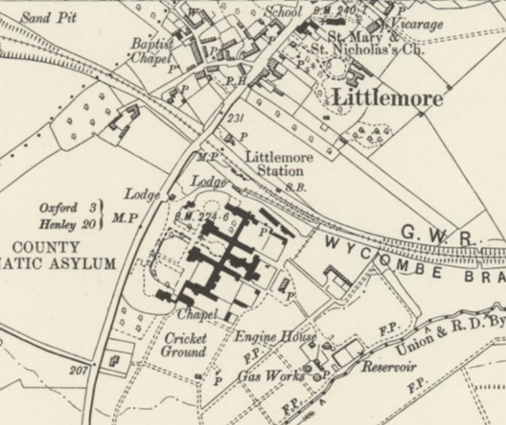 old OS map showing the village of Littlemore and a building complex in black labelled as County Lunatic Asylum, next to it is an area labelled as Cricket Ground