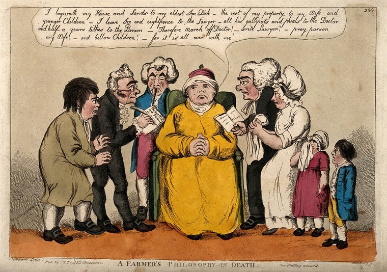 A farmer telling his family, a doctor, a vicar and a lawyer his last will and testament. Coloured etching by HW Bunbury, 1809?, after GM Woodward. 