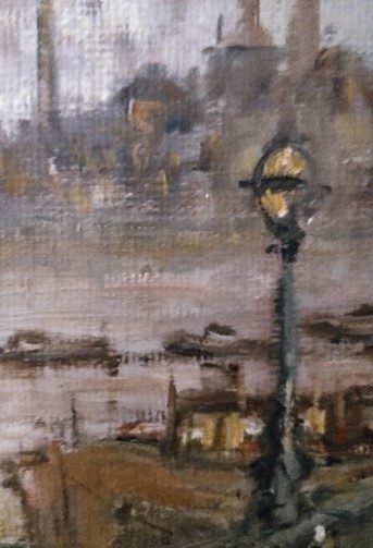 Abstract oil painting of a gas street light in brows and greys against a backdrop of a river and city.