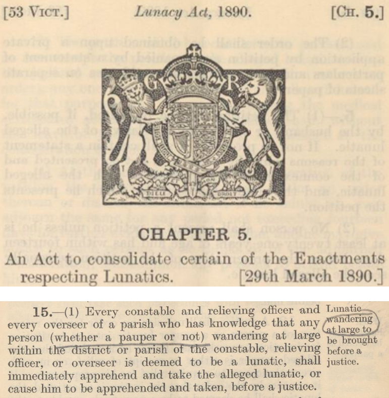 Printed yellowed paper with Royal seal, Lunacy Act, 1890, chapter 5.