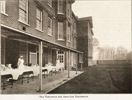 Black and white photo graph of a three story brick building with an awning over a paved area outside where patients lie  in hospital beds attended by nurses.