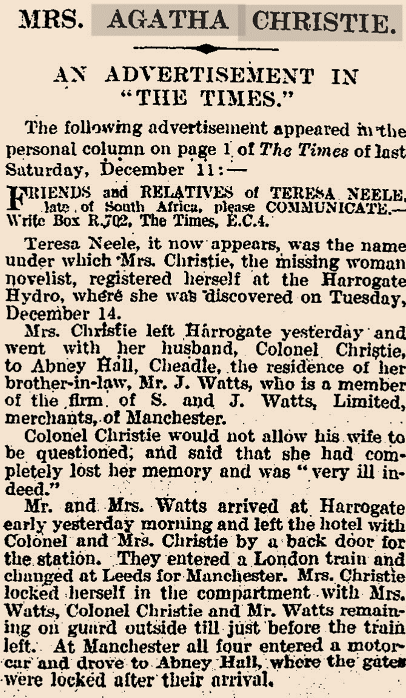 Printed excerpt from The Times regarding Agatha Christie's disappearance