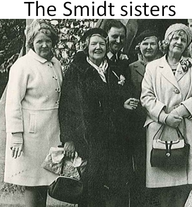 Three smiling, middle-aged, white women in the foreground, probably outside a church, dressed in Sunday best coats and hats and handbags.