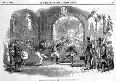 Black and white engraving of men dancing while others look on and play instruments. Looks Victorian.