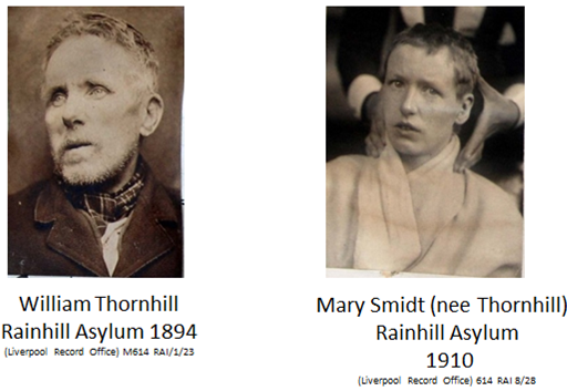 Two admission photos for Rainhill Asylum for William Thornhill in 1894 and Mary Smidt in 1910. 