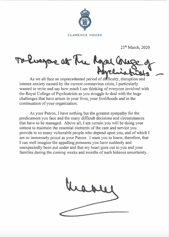 Letter from HRH Prince Charles to The Royal College of Psychiatrists